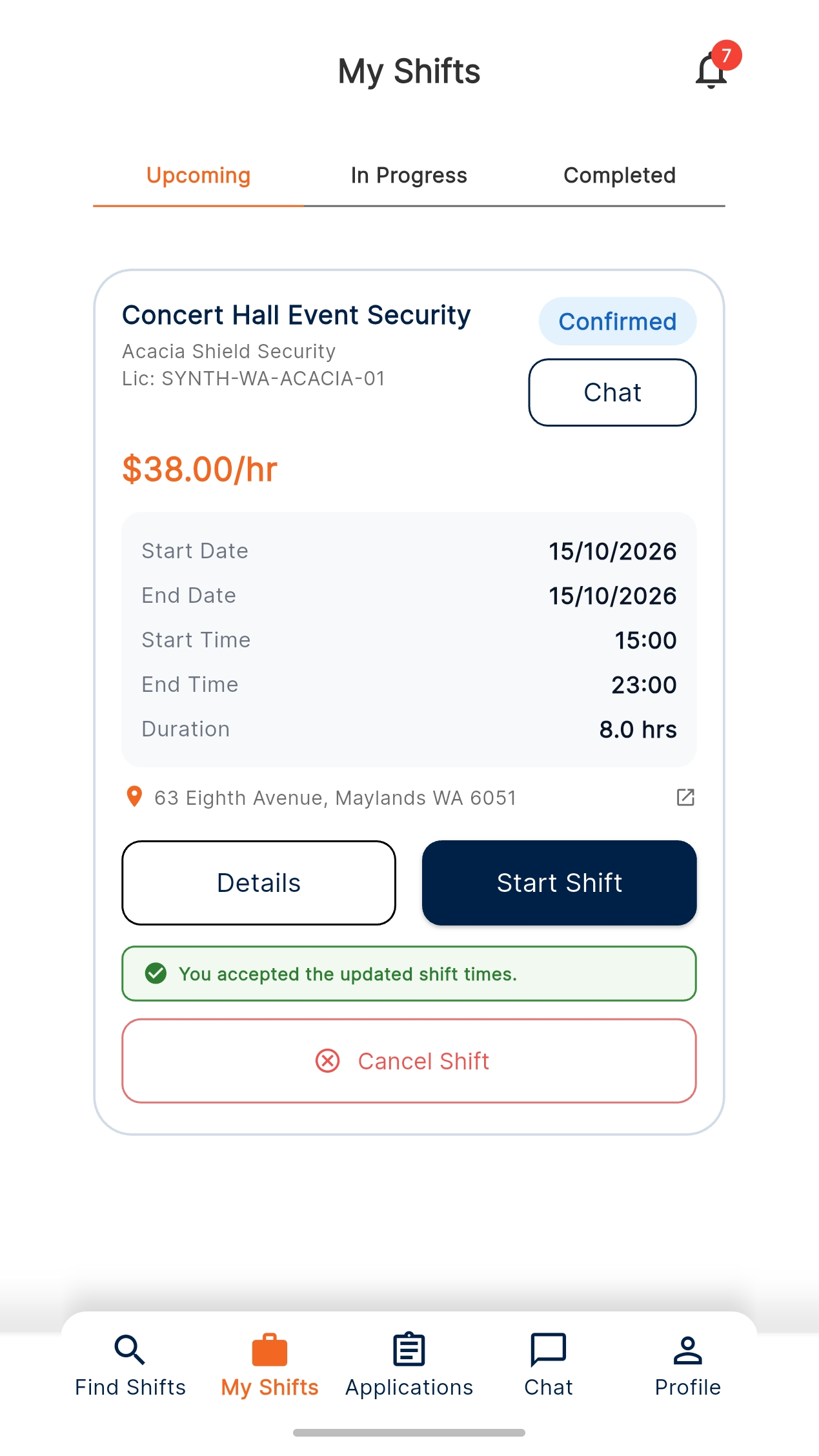Approved Securiverse My Shifts screenshot showing an upcoming confirmed shift