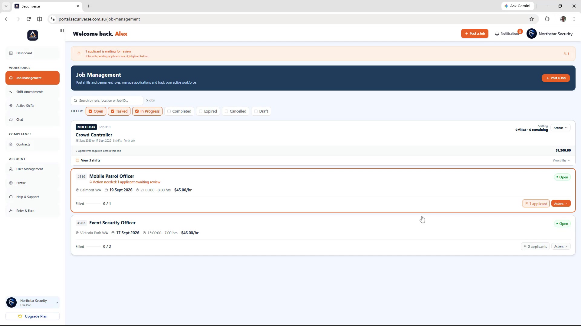 Securiverse Company Portal Job Management overview from the public demonstration walkthrough
